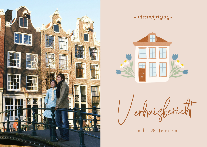 Verhuiskaarten - Beige fotokaartje verhuizing met huisje en bloemen