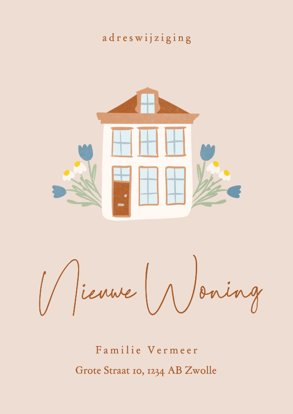 Beige verhuiskaartje met huisje en bloemen nieuwe woning - Verhuiskaarten Verhuiskaarten - Beige verhuiskaartje met huisje en bloemen nieuwe woning