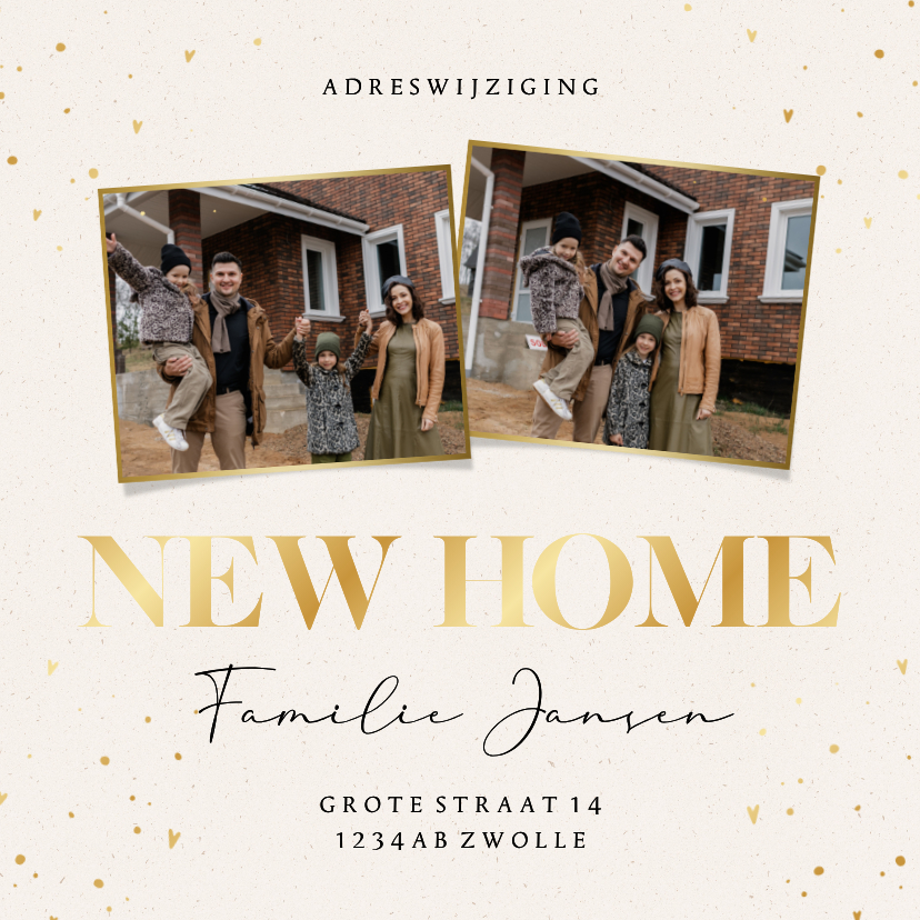 Foto verhuiskaartje met goudfolie new home en hartjes - Verhuiskaarten Verhuiskaarten - Foto verhuiskaartje met goudfolie new home en hartjes