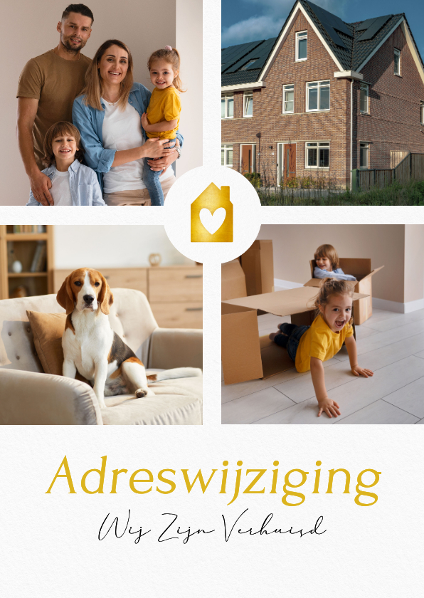 fotocollage verhuiskaartje wit met gouden huisje - Verhuiskaarten Verhuiskaarten - fotocollage verhuiskaartje wit met gouden huisje