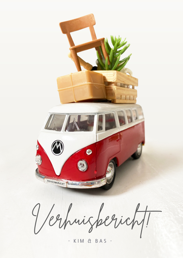 Verhuiskaarten - Grappig verhuisbericht met volgepakt rood Volkswagenbusje