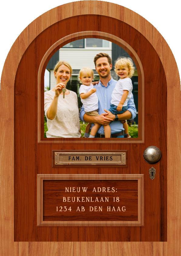 Grappige verhuiskaart in vorm van een voordeur met foto - Verhuiskaarten Verhuiskaarten - Grappige verhuiskaart in vorm van een voordeur met foto