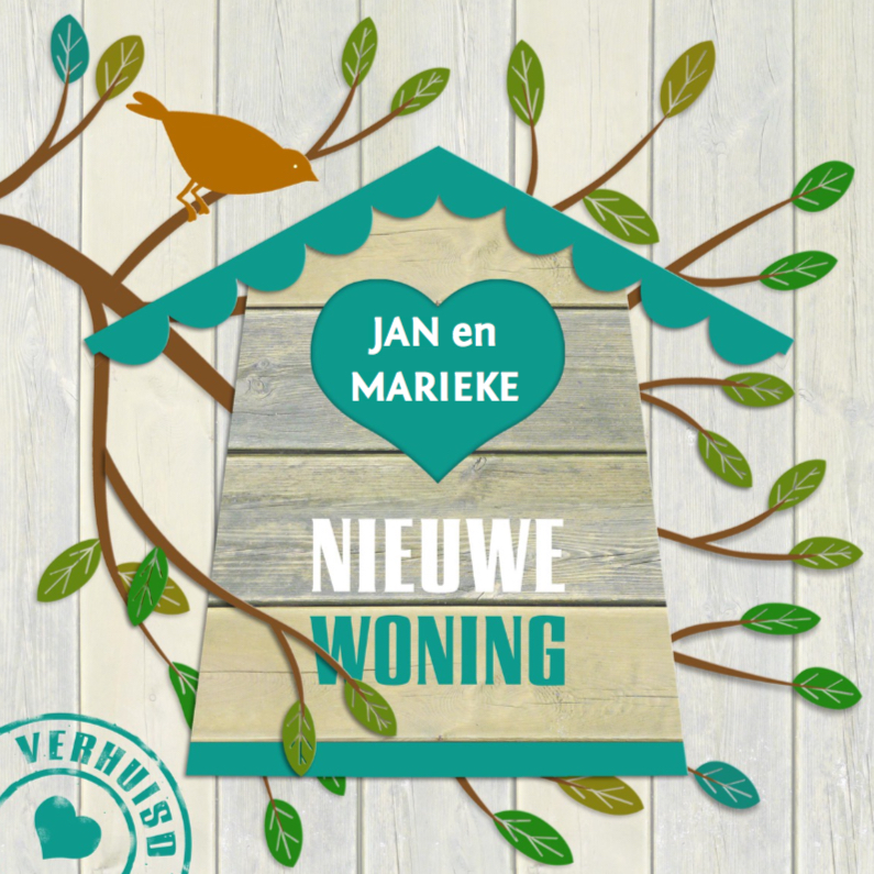 Grappige verhuiskaart met vogelhuisje op houtprint - Verhuiskaarten Verhuiskaarten - Grappige verhuiskaart met vogelhuisje op houtprint