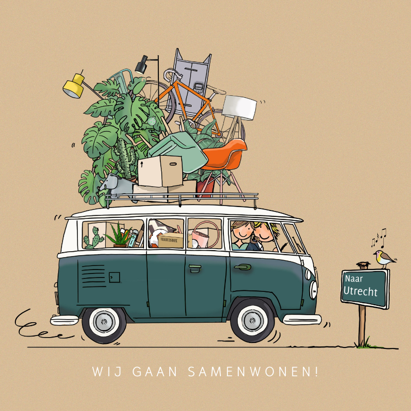 Verhuiskaarten - Grappige VW bus met plaatsbord