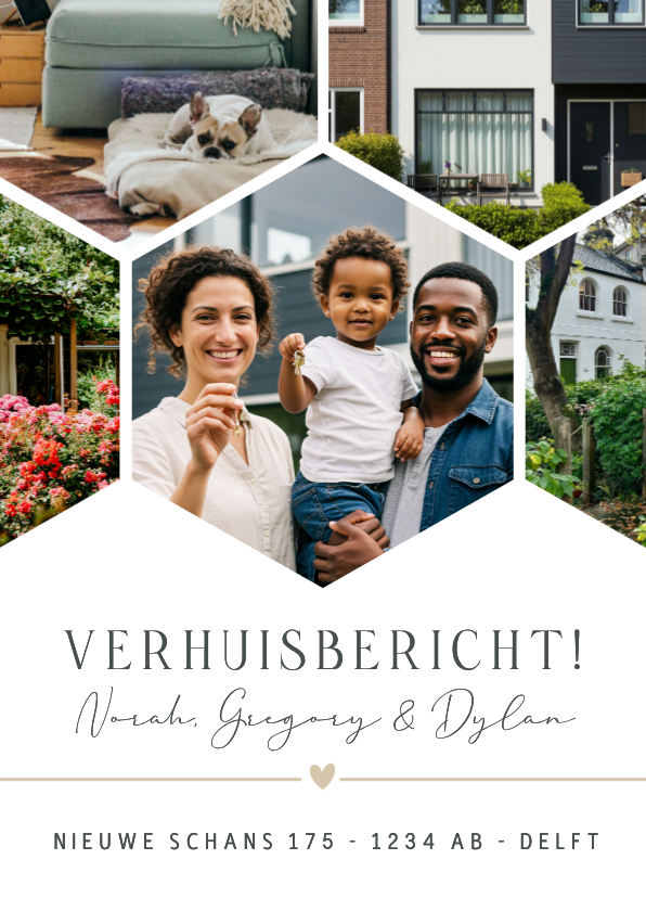 Verhuiskaarten - Hexagon fotocollage verhuiskaart met eigen foto's