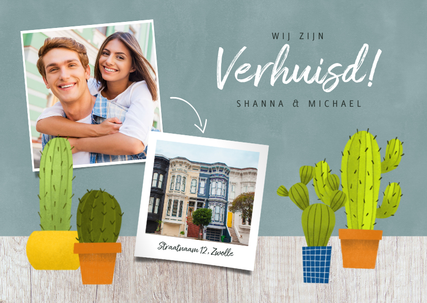 Hippe verhuiskaart met cactussen, hout en foto's - Verhuiskaarten Verhuiskaarten - Hippe verhuiskaart met cactussen, hout en foto's