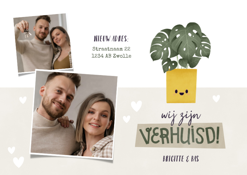 Hippe verhuiskaart met foto's, plantje en hartjes - Verhuiskaarten Verhuiskaarten - Hippe verhuiskaart met foto's, plantje en hartjes