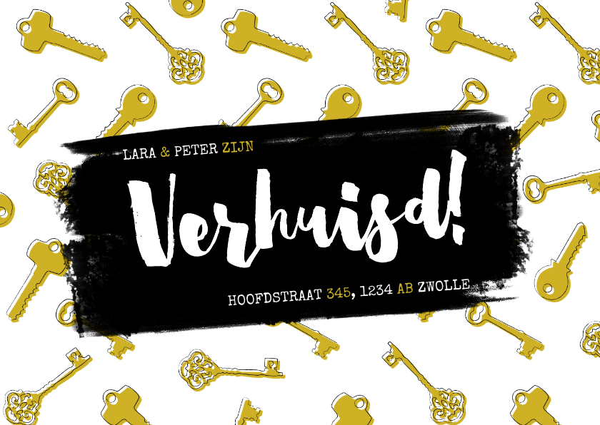 Hippe verhuiskaart met sleutelpatroon en typografie - Verhuiskaarten Verhuiskaarten - Hippe verhuiskaart met sleutelpatroon en typografie