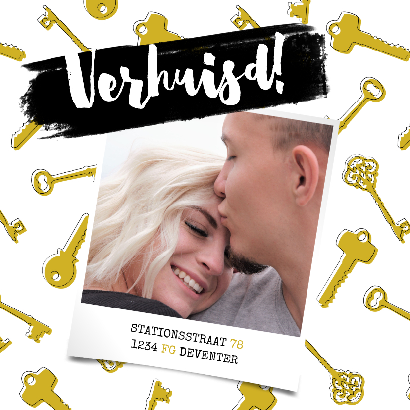 Hippe verhuiskaart met sleutels, typografie en foto - Verhuiskaarten Verhuiskaarten - Hippe verhuiskaart met sleutels, typografie en foto