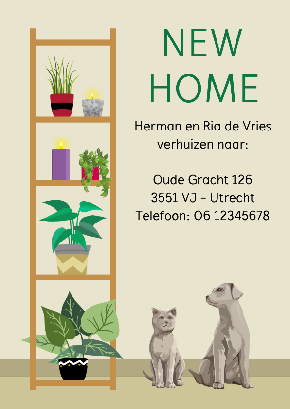 Leuk en vlot verhuisbericht met planten, hond en poes - Verhuiskaarten Verhuiskaarten - Leuk en vlot verhuisbericht met planten, hond en poes