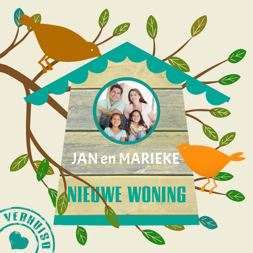 Leuk verhuisbericht met vogelhuis en vogels op takken - Verhuiskaarten Verhuiskaarten - Leuk verhuisbericht met vogelhuis en vogels op takken