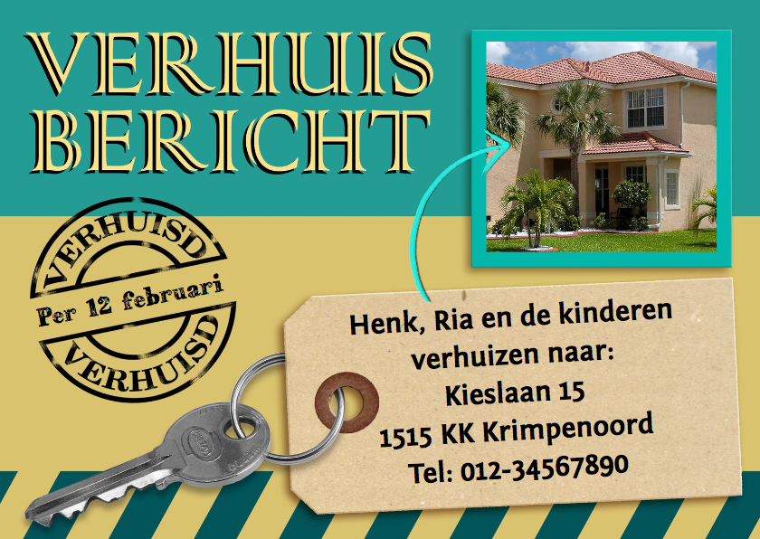 Leuke verhuiskaart in de kleuren groen en geel met foto - Verhuiskaarten Verhuiskaarten - Leuke verhuiskaart in de kleuren groen en geel met foto