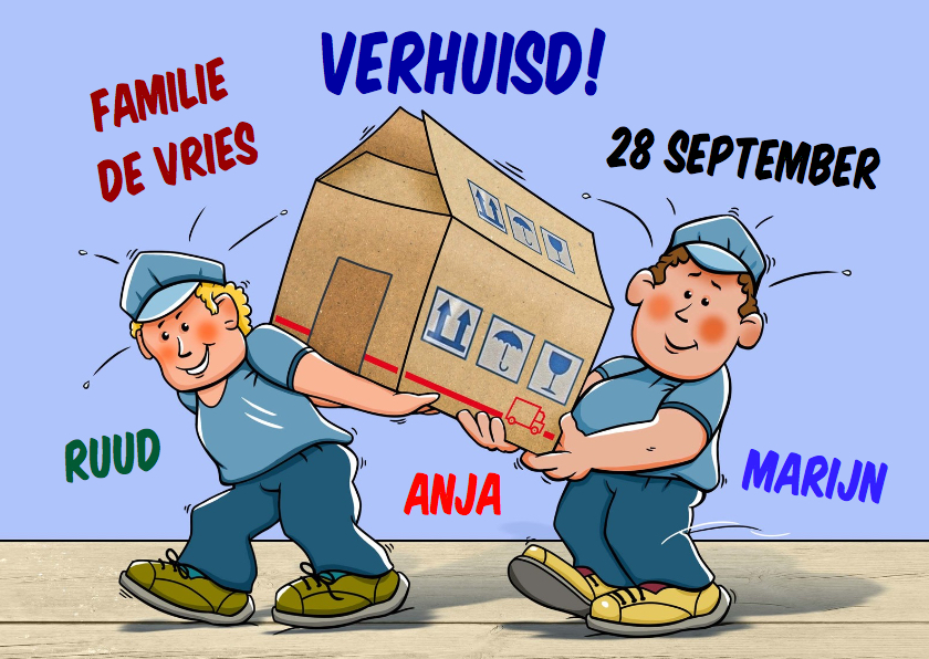Verhuiskaarten - Leuke verhuiskaart mannen en doos in vorm van een huis