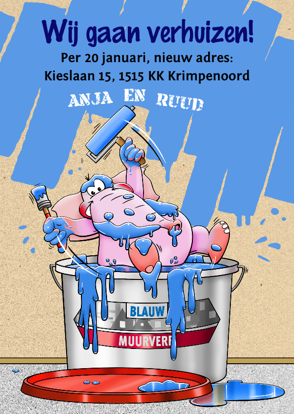 Verhuiskaarten - Leuke verhuiskaart met emmer muurverf en olifant