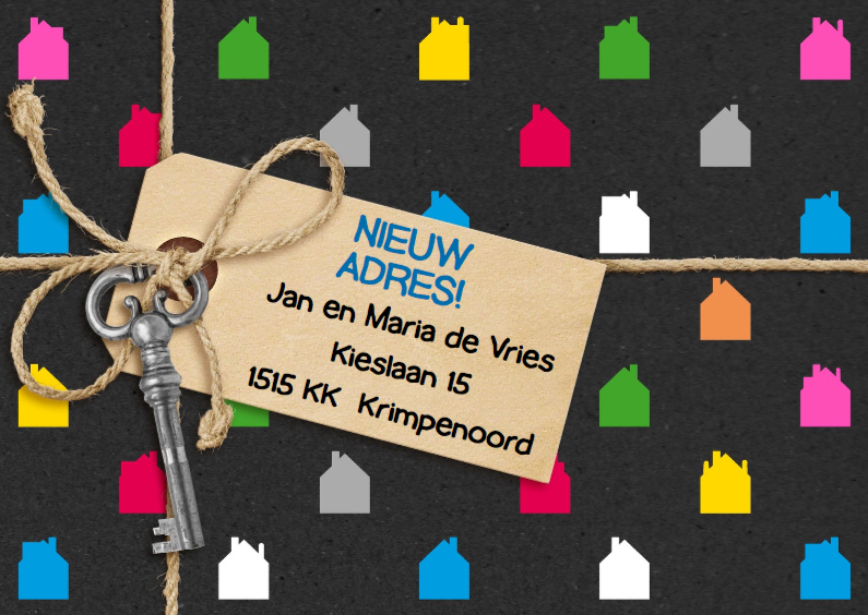 Leuke verhuiskaart met gekleurde huisjes op zwart - Verhuiskaarten Verhuiskaarten - Leuke verhuiskaart met gekleurde huisjes op zwart