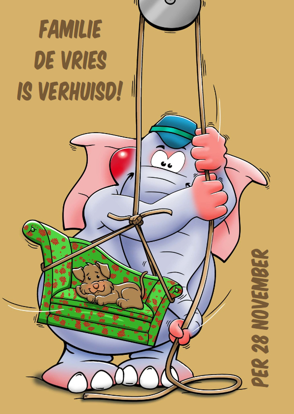 Leuke verhuiskaart met olifant en hondje op de bank - Verhuiskaarten Verhuiskaarten - Leuke verhuiskaart met olifant en hondje op de bank