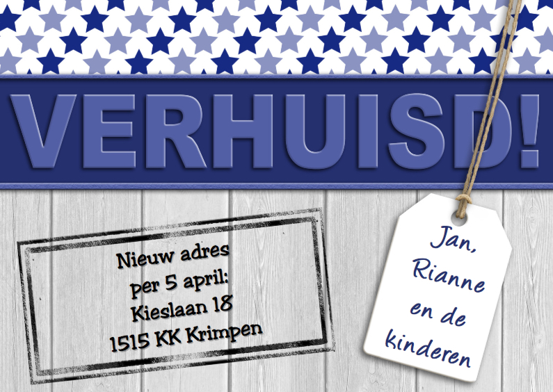Leuke verhuiskaart met sterren stempel op steigerhout - Verhuiskaarten Verhuiskaarten - Leuke verhuiskaart met sterren stempel op steigerhout