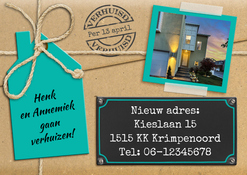 Leuke verhuiskaart met touw op verhuisdoos en eigen foto - Verhuiskaarten Verhuiskaarten - Leuke verhuiskaart met touw op verhuisdoos en eigen foto