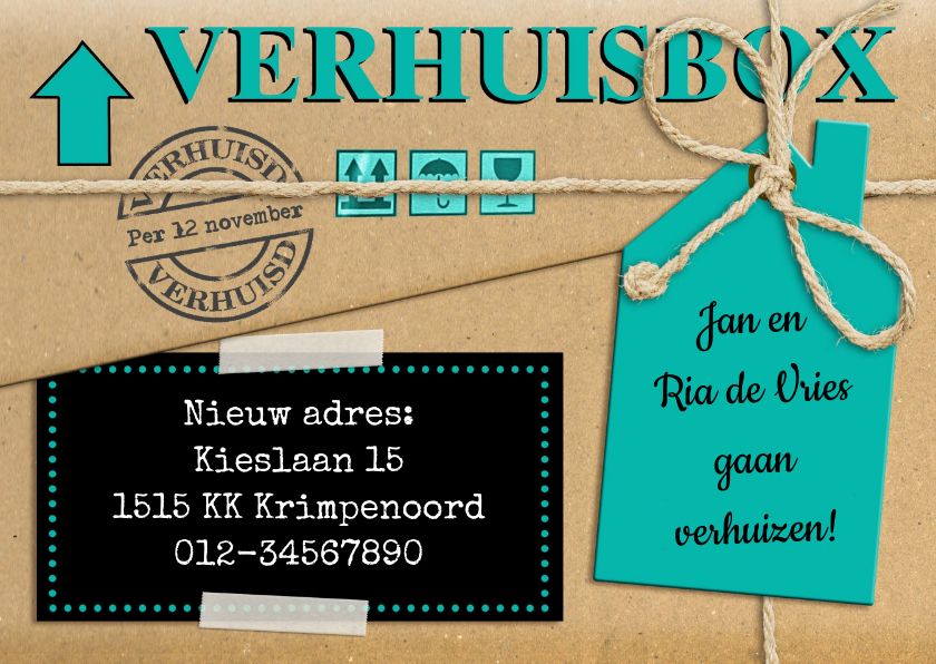 Verhuiskaarten - Leuke verhuiskaart met touw op verhuisdoos van karton