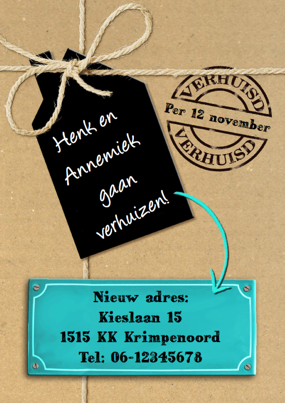 Leuke verhuiskaart met touw op verhuisdoos zonder foto - Verhuiskaarten Verhuiskaarten - Leuke verhuiskaart met touw op verhuisdoos zonder foto