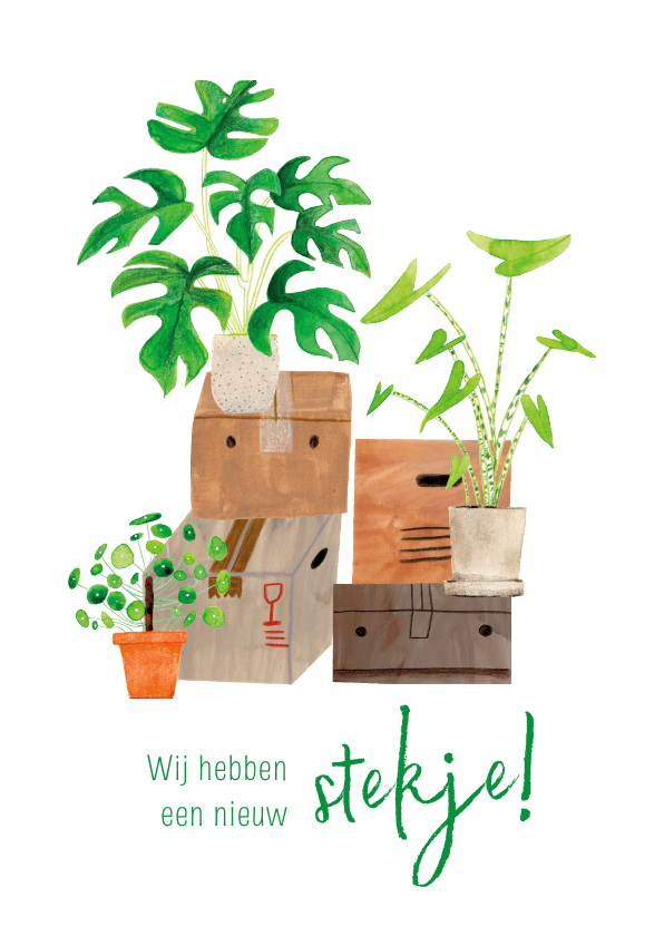 Verhuiskaarten - Leuke verhuiskaart nieuwe stekje groene planten verhuisdozen