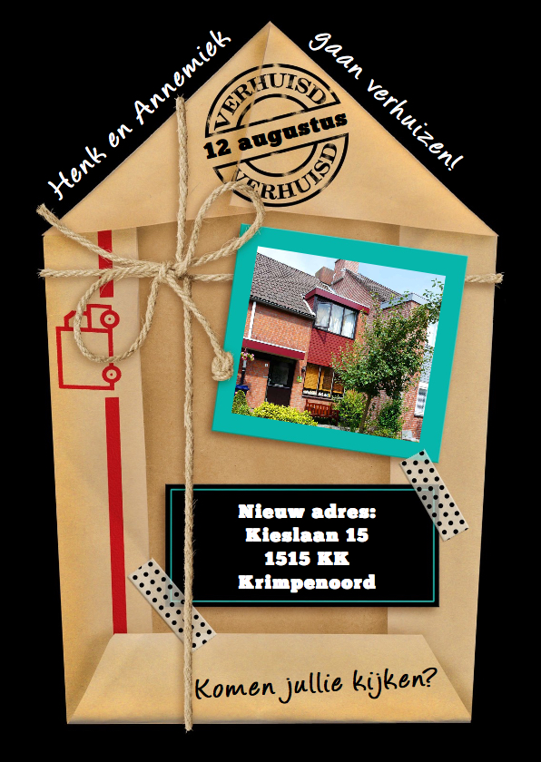 Leuke verhuiskaart van gevouwen pakpapier met eigen foto - Verhuiskaarten Verhuiskaarten - Leuke verhuiskaart van gevouwen pakpapier met eigen foto