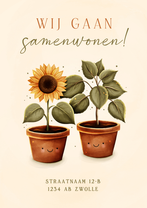 Lief verhuiskaartje samenwonen zonnebloem en plant - Verhuiskaarten Verhuiskaarten - Lief verhuiskaartje samenwonen zonnebloem en plant