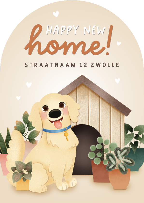 Verhuiskaarten - Lieve verhuiskaart hond, hondenhok en planten in boogvorm