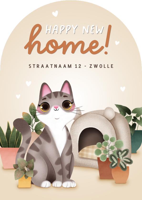 Verhuiskaarten - Lieve verhuiskaart kat kattenmand en planten in boogvorm