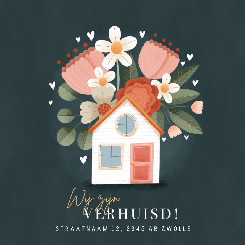 Verhuiskaarten - Moderne verhuiskaart planten, bloemen, hartjes en huisje