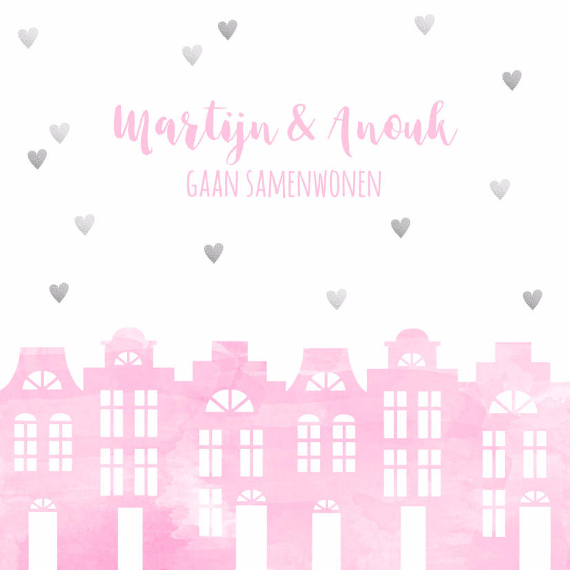 Verhuiskaarten - Samenwonen kaart huisjes roze aquarel en hartjes