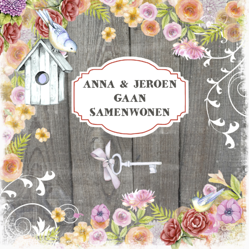 Samenwonen vogelhuis label - Verhuiskaarten Verhuiskaarten - Samenwonen vogelhuis label