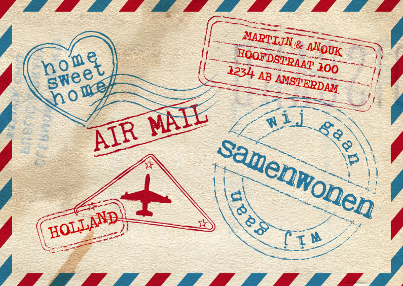 Samenwonenkaart stoer airmail stempels - Verhuiskaarten Verhuiskaarten - Samenwonenkaart stoer airmail stempels