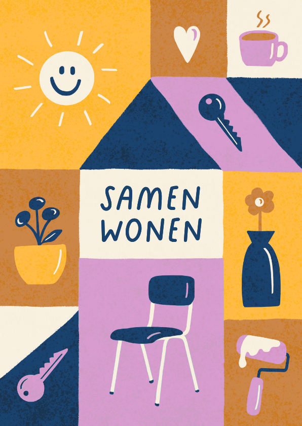 Samenwoonkaart vrolijke blokken met illustraties - Verhuiskaarten Verhuiskaarten - Samenwoonkaart vrolijke blokken met illustraties