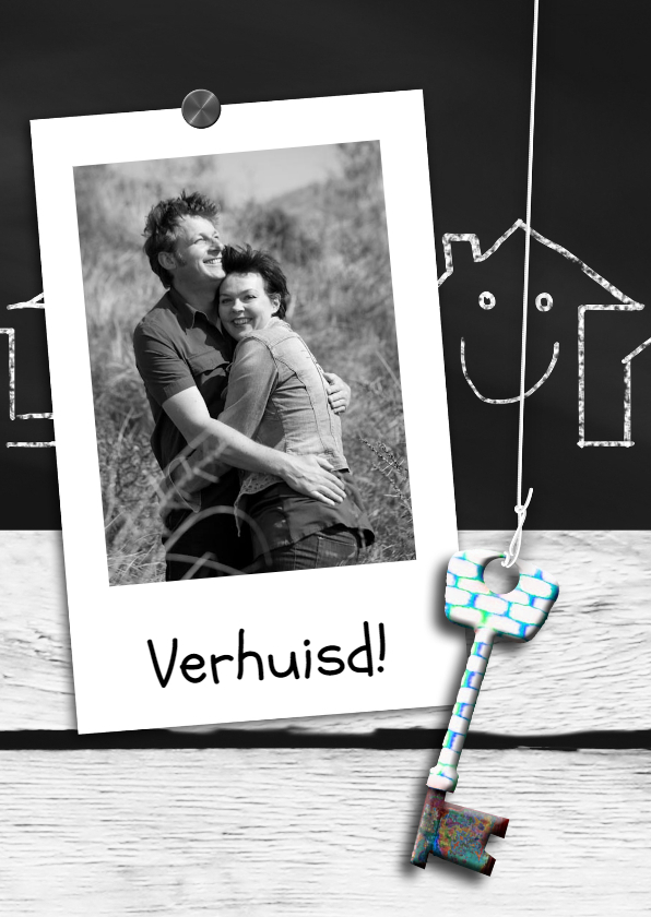 Schoolbord hout foto eigen tekst - Verhuiskaarten Verhuiskaarten - Schoolbord hout foto eigen tekst
