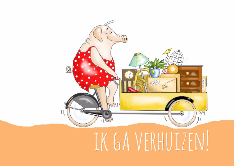Varkentje op bakfiets verhuist - Verhuiskaarten Verhuiskaarten - Varkentje op bakfiets verhuist