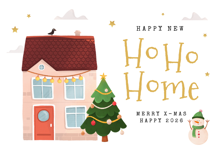 Verhuisbericht golfvorm huis kerstboom sneeuwpop ho ho home - Verhuiskaarten Verhuiskaarten - Verhuisbericht golfvorm huis kerstboom sneeuwpop ho ho home