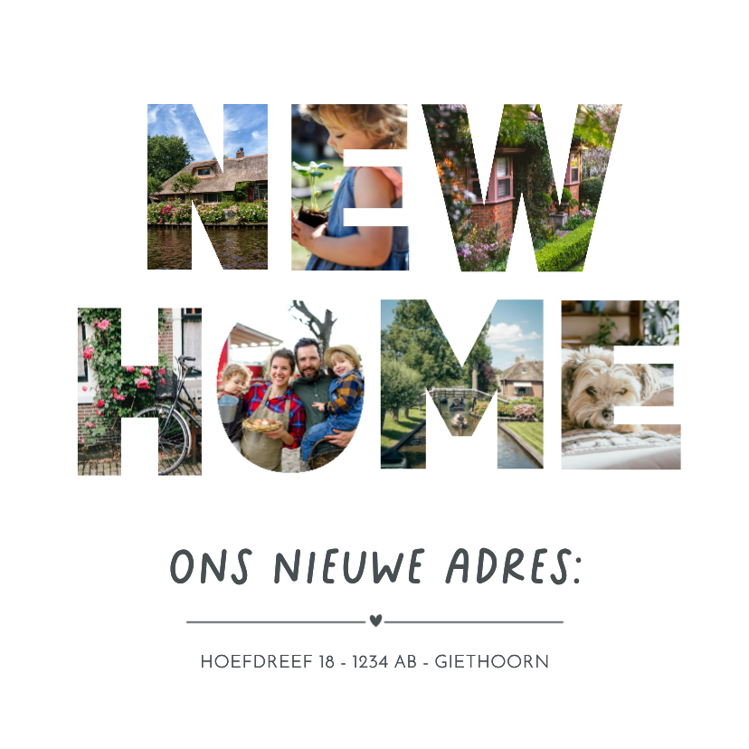 Verhuisbericht kaart met foto's in de letters NEW HOME - Verhuiskaarten Verhuiskaarten - Verhuisbericht kaart met foto's in de letters NEW HOME
