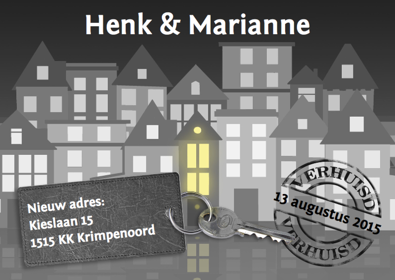 Verhuisbericht met huizen waarvan 1 pand verlicht is - Verhuiskaarten Verhuiskaarten - Verhuisbericht met huizen waarvan 1 pand verlicht is