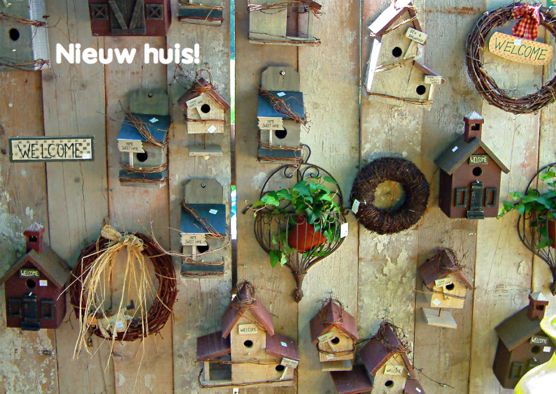 Verhuisbericht nieuw huis met vogelhuisjes op steigerhout - Verhuiskaarten Verhuiskaarten - Verhuisbericht nieuw huis met vogelhuisjes op steigerhout