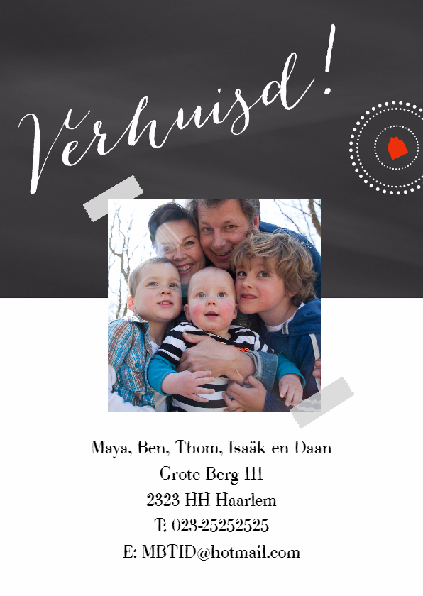 Verhuisd helft schoolbord & foto - Verhuiskaarten Verhuiskaarten - Verhuisd helft schoolbord & foto