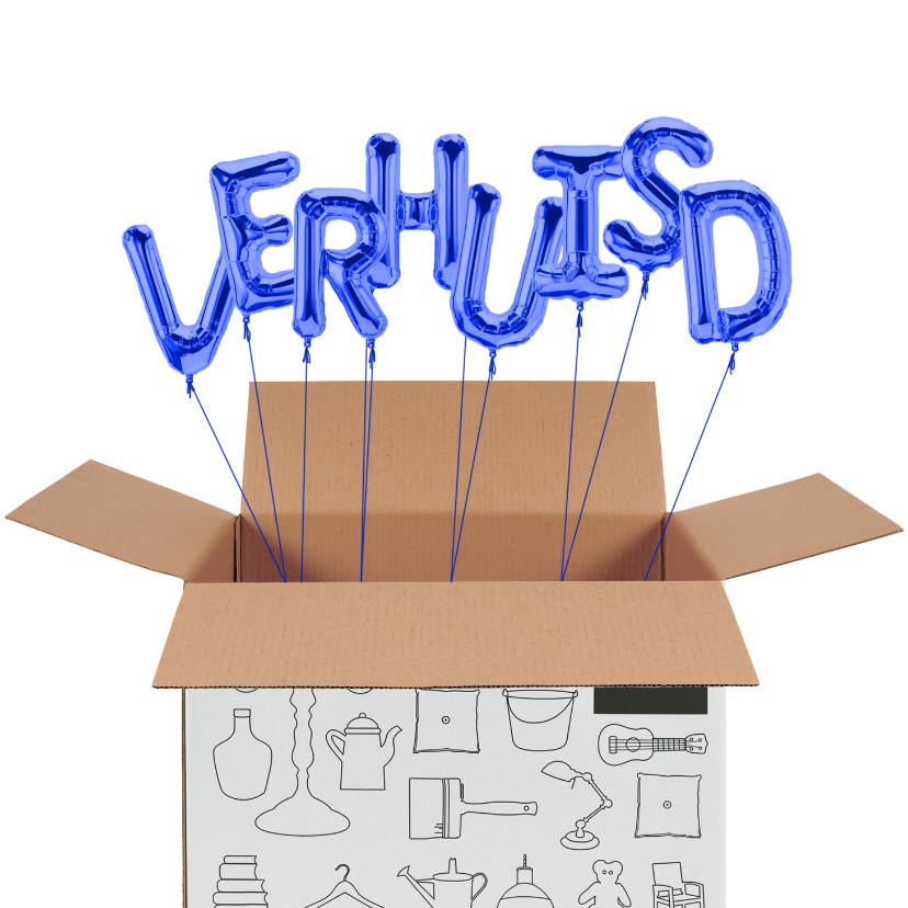Verhuisdoos met ballonnen - Verhuiskaarten Verhuiskaarten - Verhuisdoos met ballonnen
