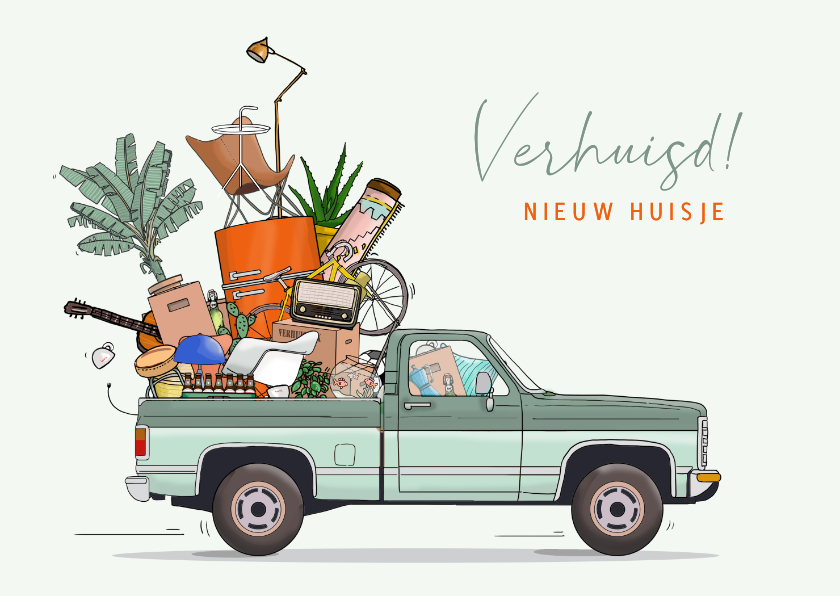 Verhuiskaart auto pickup met spullen - Verhuiskaarten Verhuiskaarten - Verhuiskaart auto pickup met spullen
