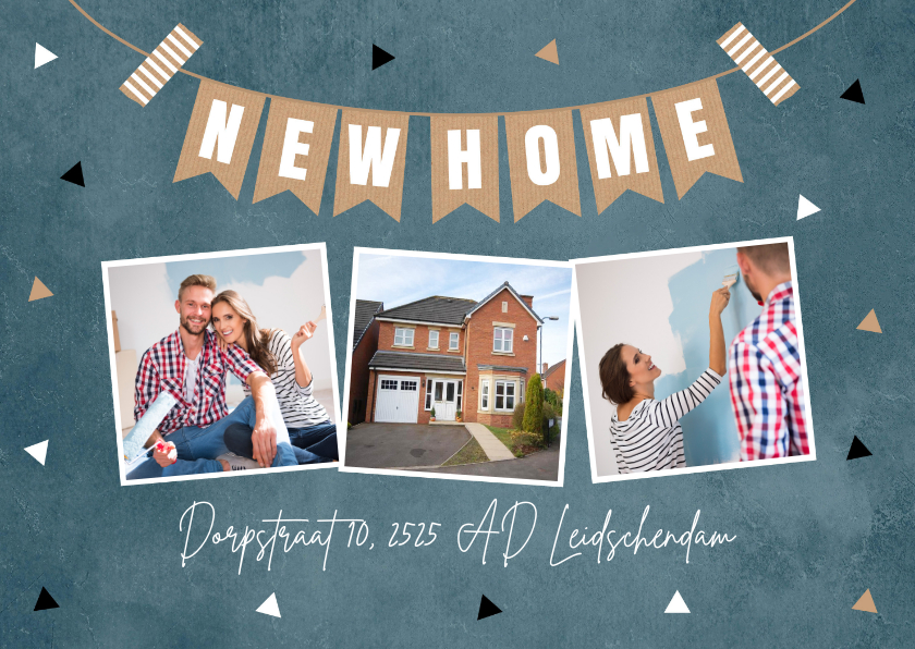 Verhuiskaarten - Verhuiskaart blauw fotocollage slinger "new home"