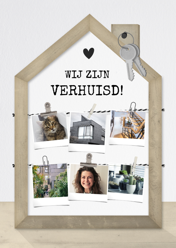 Verhuiskaart fotolijst houten huisje met fotocollage - Verhuiskaarten Verhuiskaarten - Verhuiskaart fotolijst houten huisje met fotocollage