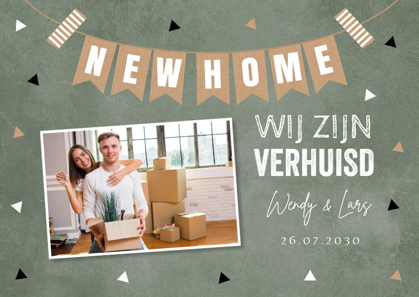 Verhuiskaart groen foto slinger driehoekjes - Verhuiskaarten Verhuiskaarten - Verhuiskaart groen foto slinger driehoekjes