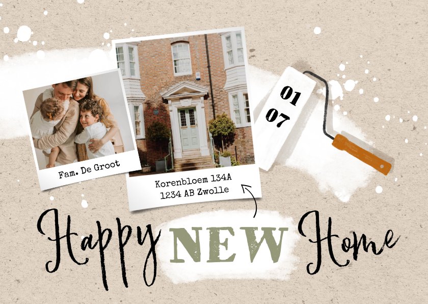 Verhuiskaarten - Verhuiskaart 'Happy new home' met verfroller en spetters