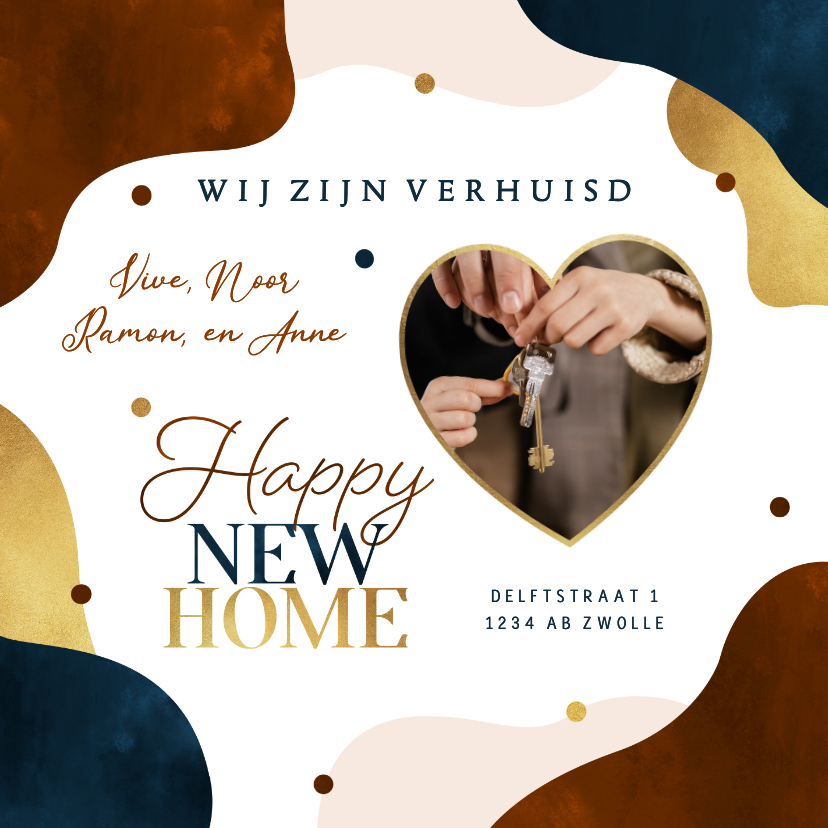 Verhuiskaarten - Verhuiskaart housewarming happy new home goud confetti