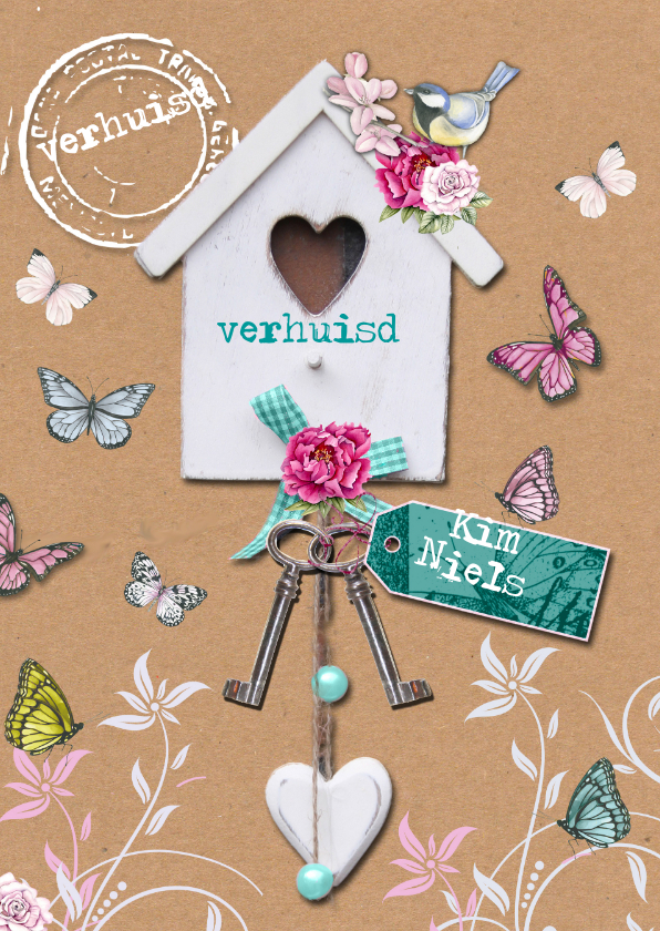 Verhuiskaart houten vogelhuisje - Verhuiskaarten Verhuiskaarten - Verhuiskaart houten vogelhuisje