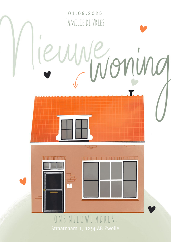 Verhuiskaart huis illustratie nieuwe woning oranje groen - Verhuiskaarten Verhuiskaarten - Verhuiskaart huis illustratie nieuwe woning oranje groen